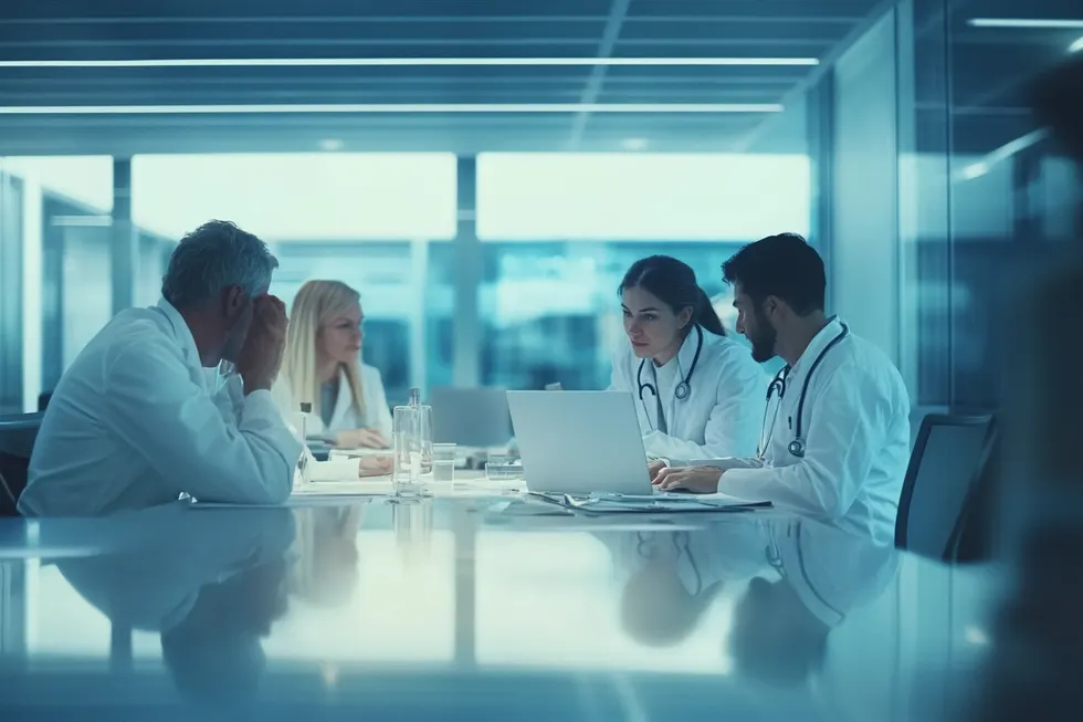 Multidisciplinary surgical team reviewing an endometriosis mapping report together