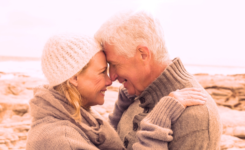 Side view of a romantic senior couple